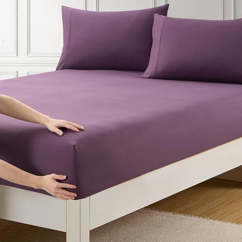 Queen Fitted Sheet Only with Full Elastic & Built in Corner Sheet Straps to Prevent Shifting - Soft & Breathable Brushed Microfiber Bottom Sheet, Queen, Purple