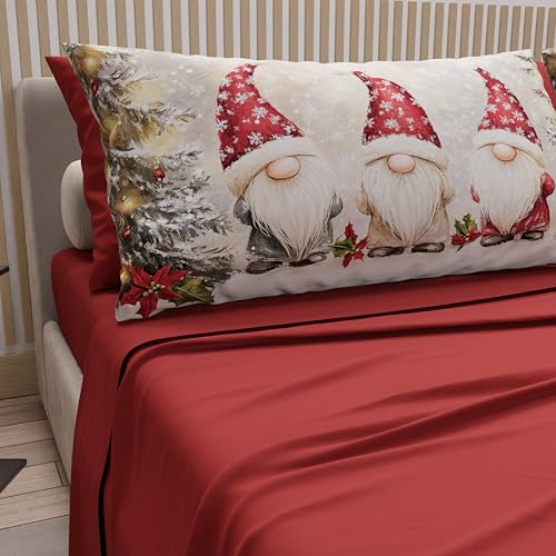 PETTI Italian Artisans - Cotton Sheets with Christmas Digital Print Pillowcases, Christmas Queen Size Sheets, Christmas Bed Set, Gnome 03 Bordeaux, 100% Made in Italy