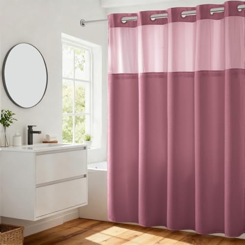 River Dream No Hooks Required Waffle Weave Shower Curtain with Snap in Liner - 71W x 74H,Hotel Grade,Spa Like Bath Curtain,Pale Mauve