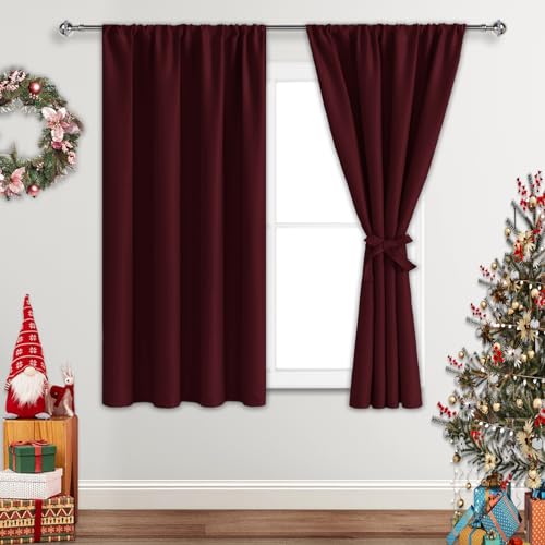 JIUZHEN Blackout Curtains for Bedroom - Thermal Insulated Noise Reducing Privacy Short Curtain for Living Room, Set of 2 Panels with Tiebacks, 42 x 45 inches Long, Burgundy