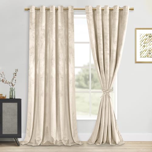 DWCN Velvet Curtains Extra Wide 84 inches Long - Elegant Room Darkening Noise Absorb Tieable Grommet Curtains & Drapes Warm Soft Texture Privacy Drapes for Bedroom/Living Room,Beige, W60 x L84