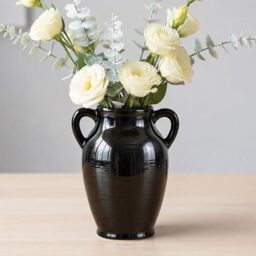 8 inch Ceramic Black Vase - Modern Decorative Vases with 2 Handle, Centerpieces, Living Room, Kitchen Table, Fireplace Mantel, Entryway Decor