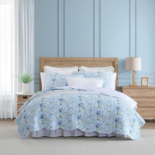 Laura Ashley Super Soft Bedding with Matching Sham, Scalloped Edge Design, Peony Garden Blue, Twin
