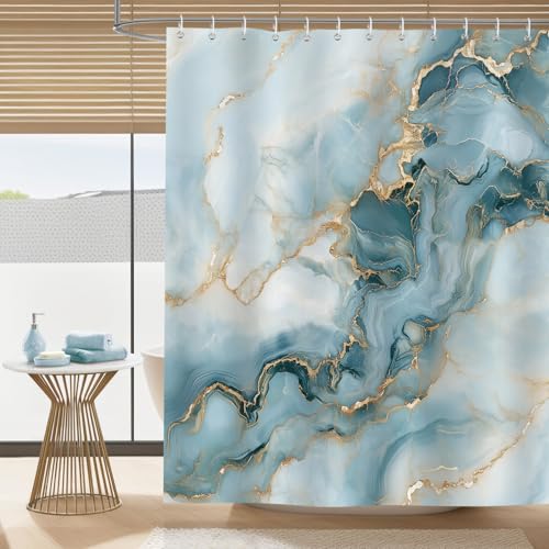 Dazzlewall Teal Blue Marble Shower Curtain, Teal & Gold Textured Abstract Modern Bathroom Curtain Waterproof 180x180cm, Mould Resistant Fabric with 12 Hooks