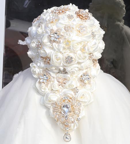 "Mhojpik Luxury Cascade Bridal Wedding Bouquet Satin Rose Waterfall Holding Bouquet Artificial Flower Bunch for Bride Bridesmaid(Ivory, 15"" x 7.5"")"