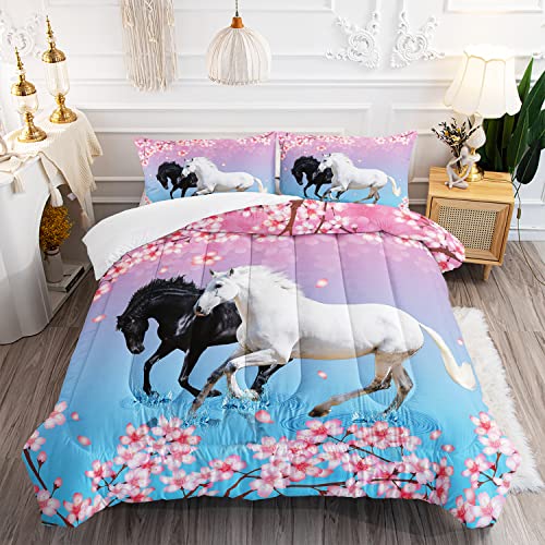 XYNHML Kid Horse Comforter Set Room Floral Animal Theme Handsome Horse Chic Cherry Blossom Bedding Set 3D Wild Animal Decor Quilt Set for Girls Adult, 1 Comforter + 2 Pillowcases