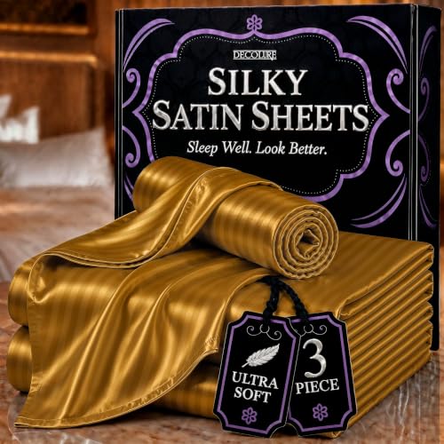 DECOLURE Satin Bed Sheets - 3 Piece Luxury Silky Twin Size Bedding Set - Softer Than Silk, Wrinkle-Free with 15??? Deep Pocket Fitted Sheet, Perfect for Hair & Skin, Gifts for Women (Striped Gold)
