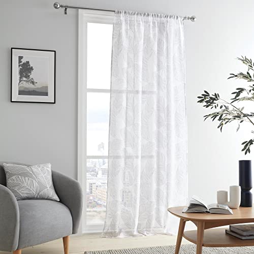 Fusion Leaf/Fern Net Curtain, W55 x L54 (140 x 137cm), Voile for Bedroom/Living Room, Leaves Print Sheer, Grey, Matteo Collection