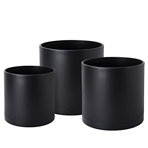 D'vine Dev 10 Inch 12 Inch 14 Inch, Set of 3 Plastic Planter Pots for Plants with Drainage Hole and Seamless Saucers, Black Color, XX-Large, 74-E-XXL-2