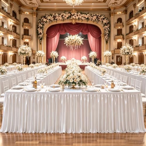 21ft Length Satin White Table Skirt Rectangle Tables,Wrinkle Resistant Ruffle Table Skirting Glitter Teacher Desk Cover Skirt for Dorm Office Birthday Party Wedding Buffet Displays Trade Shows