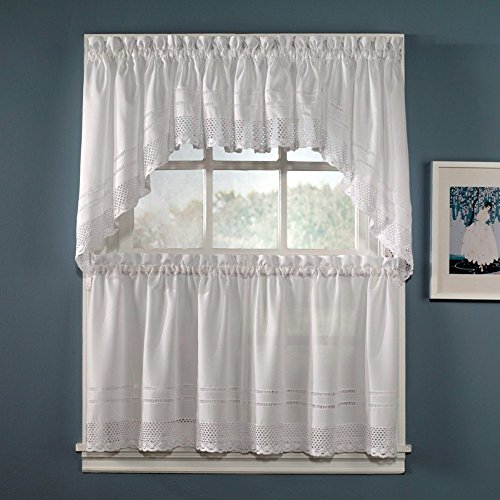 "CHF White Crochet Cafe Kitchen Curtain Window Swag Pair, 29"" W x 30"" L, 2 Unit"
