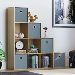 Vida Designs Durham Staircase Bookcase Shelves Storage Organiser Living Room Furniture (10 Cube & 5 Grey Baskets, Oak)