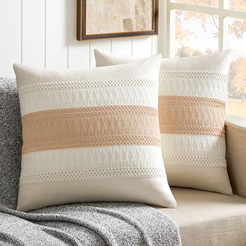 ZeeMart 2 Pack Boho Throw Pillow Covers, Contrast Beige 22x22in - Soft Breathable Cotton, Farmhouse Decorative Couch Pillow Cases, Cushion Covers for Sofa Bed Living Room Home Decor