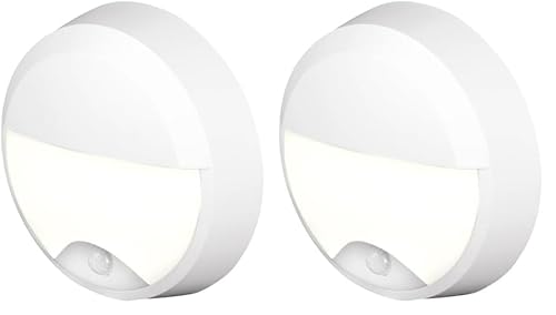 4lite Pylus Outdoor Round Eyelid Wall Light (White) 660lm Motion Sensor Bulkhead IP54 LED Integrated Exterior Light - 4L2/3219/PIR - 4Yr Guarantee (Pack of 2)
