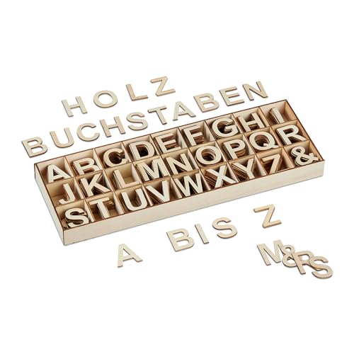 Relaxdays Wooden Letters Set, 324 pcs, Uppercase A-Z, &-signs, Convenient Storage Box, Characters, Decoration, Natural