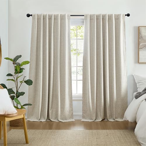 "Elrene Home Fashions Solace 100% Max-Blackout Energy Efficient Solid Texture Window Curtain Panel with Rod Pocket/Back Tabs for Living Room/Bedroom/Home Office, 52""x84"", Linen"