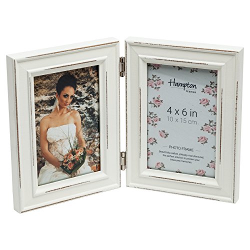 Hampton Frames - PALOMA Hinged Double Photo Frame - 4x6 Inch (10x15cm), White MDF, Glass - Freestanding, Portrait, Distressed Finish - Display for Pictures