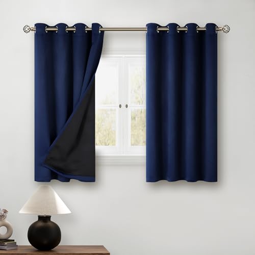 BGment Short 100% Blackout Curtains for Bedroom, Thermal Insulated Energy Efficiency Noise Reducing Grommet Curtains 45 Inch Length with Liner for Small Window 2 Panels Each 52 Inch Wide, Navy Blue