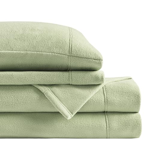 "SLEEP PHILOSOPHY True North Micro Fleece Bed Sheet Set, Warm, Sheets with 14"" Deep Pocket, for Cold Season Cozy Sheet-Set, Matching Pillow Case, Twin, Green, 3 Piece"
