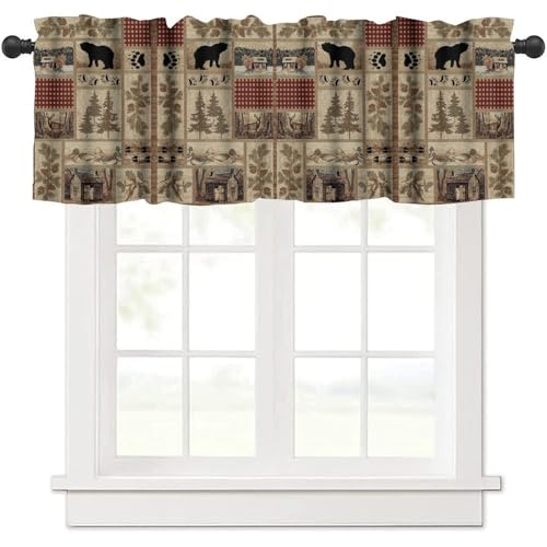 GoDazzling Vintage Rustic Animal Kitchen Curtain Valance, Forest Cabin Bear Deer Farmhouse Window Valance, for Bedroom Living Room Cafe Bathroom 1 Panels W54xL18in