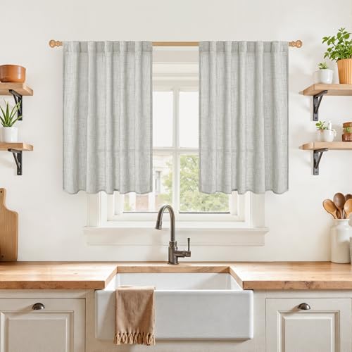 YoungsTex Light Grey Linen Curtains 36 Inch Length for Short Window, Small Drapes with Rod Pocket Back Tab Light Filtering for Bathroom Kitchen Windows, 2 Panels, 42 X 36 Inch