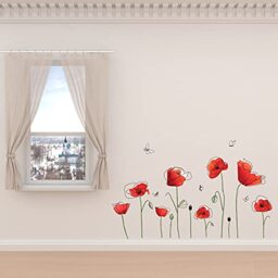 WALPLUS Poppy Butterflies Wall Stickers Nursery Removable Self-Adhesive Mural Art Decals Vinyl Home Decoration DIY Living Bedroom Decor Wallpaper Kids Room Gift Stick on Wall