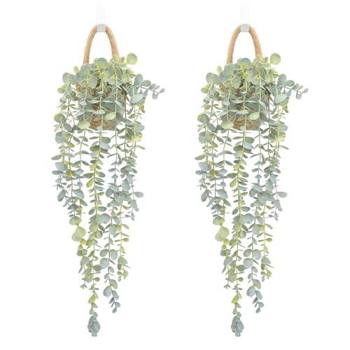 HOFMEFY Fake Hanging Plant Decor Indoor, Eucalyptus Artificial Faux Plants in Wall Woven Planters Soft Green (Jute Hanger-2 PCS, Oval)