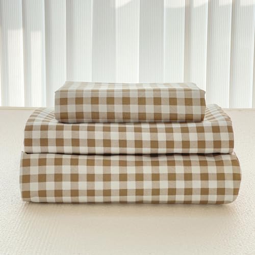 NSNLGSGC Tan Gingham King Sheet Set - Soft Brushed Microfiber, Taupe Plaid, 4-Pieces, Brown Grid, Deep Pocket