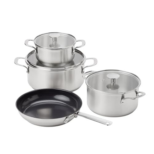 KitchenAid Stainless Steel 4-Piece Cookware Set, 24cm Frying Pan - Stainless Steel Sheet 4-piece cookware set with 16/20/24cm pots, 24cm frying pan and induction tri-ply bases