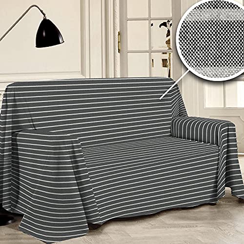 PENSIERI DELICATI Sofa Cover 220 x 290 cm Made in Italy, 100% Pure Cotton Recycled Yarn Dyed, Anthracite Stripe Pattern, Ideal As A Furniture Cover, Save Sofa, Picnic Blanket