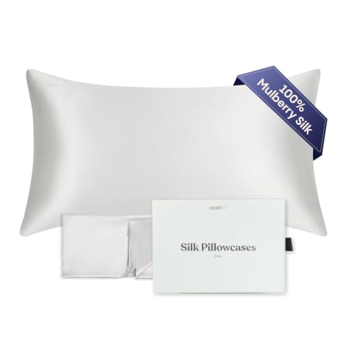 "FluffCo 100% Pure Mulberry Silk Pillowcase - King Size 20"" x 36"" - 22 Momme 6A Grade Natural Silk for Hair and Skin Care - Luxurious Cooling Hotel Quality Sateen Body Pillowcase - Silver"