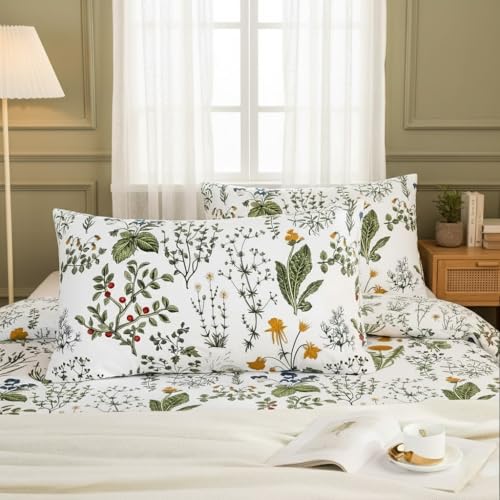 "Cozaline King Size Pillowcases Set of 2, 100% Cotton Pillow Cases, Vintage Green Floral Pillow Covers, Soft Breathable Natural Pillow Case with Envelope Closure (King, 20""x36"")"