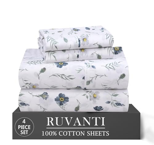 "Ruvanti 4 Pcs Cotton Sheets - 100% Natural Cotton Soft, Lightweight & Breathable Crispy Percale Bed Sheets, Twin XL Sheet Sets 16"" Deep Pockets, Coastal Blue"