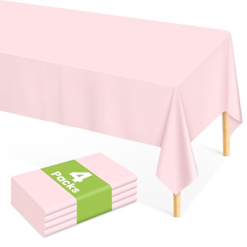 Mulbozy Pink Plastic Table Cloth Disposable 4 Pack, 54 ?? 108 Inch Tablecloths Rectangle, Light Pink Plastic Table Cover for Party Decor