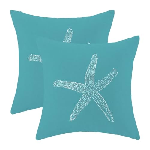 AEIOAE Nautical Coastal Pillow Covers 18 X 18 Inch Set of 2, Aqua Teal Turquoise Starfish Beach Throw Pillow Covers Linen Outdoor Summer Farmhouse Pillowcase for Sofa Couch Home Bedroom Decor