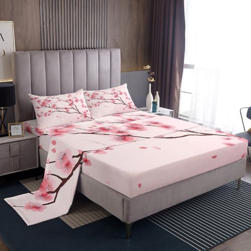 Cherry Blossoms Bed Sheets Girl Pink Floral Sheet Set Queen 4 Pcs Japanese Spring Bed Sheets Set + Blossom Petal Branch Floral Flat Sheet + Decor 2 Pillow Cases for Women,Girly Romantic Style