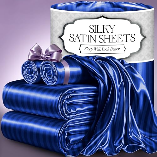 DECOLURE Satin Striped Sheets - Luxury, Silky, Soft, King Size, Hypoallergenic, No Kneading, Deep Pocket