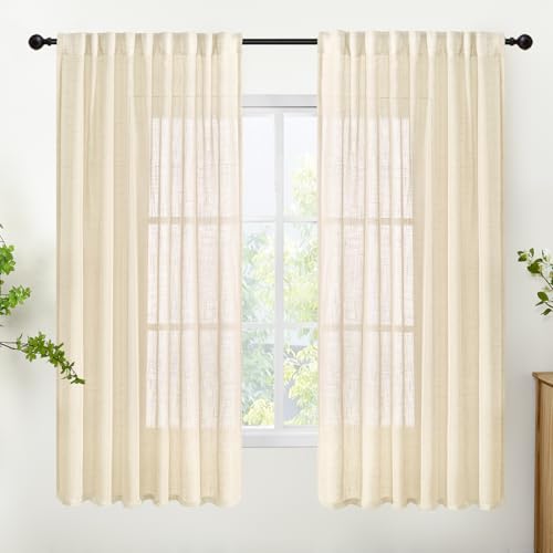YoungsTex Beige Linen Semi Sheer Curtains 63 Inch Length, Light Filtering Drapes Textured with Rod Pocket Back Tab for Bedroom Living Room Window Lightweight, 2 Panels, 52 X 63 Inch