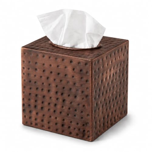 Monarch Abode 19627 Hand Hammered Tissue Box Square Cover Holder and Dispenser, Metal Dresser Accessories for Office Bathroom Decor Vanity, Decorative Tissue Box Holder, Antique Copper Finish