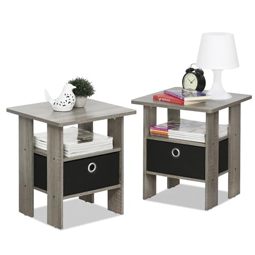 Furinno ANDREY Side Table Set of 2, 2-Tier Grey End Table, Open Shelf Night Stand with Storage Bin, Nightstand, for Living Room, Bedroom, Home Office, Grey Oak
