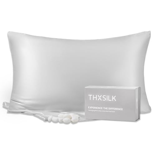 "THXSILK 100% Mulberry Silk Pillowcase for Hair and Skin, 25 Momme Silver Natural Silk Pillow Cover with Hidden Zipper, Soft Breathable Smooth Organic Silk Pillowcase(Silver, Queen Size 20""x30"")"