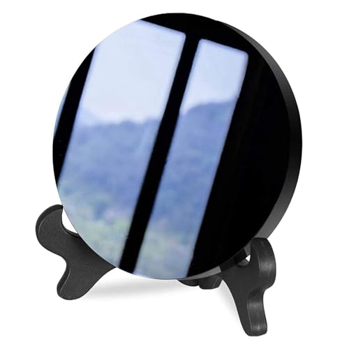 JIEXUAN Natural Black Obsidian Stone Circle Disc Round Plate Feng Shui Mirror with Stand Home Desk Decor Crafts,Black Obsidian Scrying Mirror (8cm)