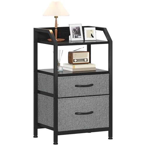Feonase Bedside Table with 2 Fabric Drawers & Open Shelf - Sturdy Metal Frame Nightstand, Compact End Table for Bedroom, Living Room, Small Spaces, Wooden Top Storage Furniture, Deep Grey