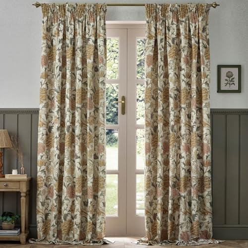 Morris&Co. Cray Pencil Pleat Curtain Pair – Lined Velvet Floral River-Inspired Drapes (Stone/Clay - 229x229cm)