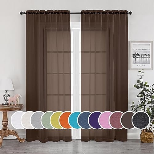 "OWENIE Chocolate Sheer Curtains 96 Inch Length, Elegant Sheer Curtains for Bedroom, Window Voile Sheer Curtain Panels/Drapes/Treatment for Living Room, 2Pcs, Each 42"" W x 96"" L"