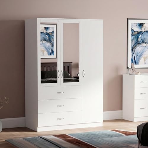 Vida Designs Riano 3 Door 3 Drawer Mirrored Wardrobe - White - Bedroom Furniture - 175H x 116W x 54D cm - With Storage Shelf & Hanging Rail - Large Capacity Storage