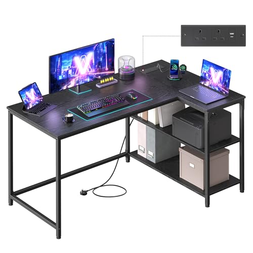 VASAGLE L Shaped Corner Desk, Computer Gaming Desk with Storage, Reversible Height-Adjustable Shelves, for Home Office, with Power Outlets 2 USB Ports, 120 x 80 cm, Ebony Black LWD132BE02