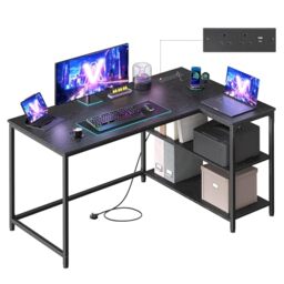 VASAGLE L Shaped Corner Desk, Computer Gaming Desk with Storage, Reversible Height-Adjustable Shelves, for Home Office, with Power Outlets 2 USB Ports, 120 x 80 cm, Ebony Black LWD132BE02