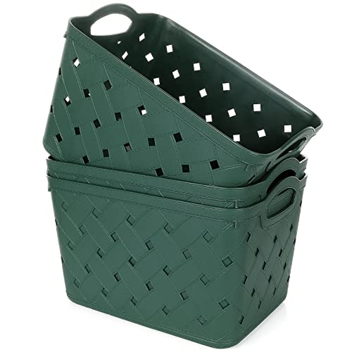 ASelected 3 Pack Plastic Woven Storage Basket with Handles, Large 31X22.5X21.5cm, Beautiful Fashionable, Skin Pattern Cross Woven, for Kitchen, Living Room, Office, Bathroom, Bedroom, (Green)