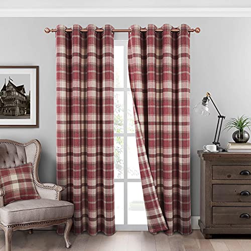 always4u Classic Red Plaid Curtains Highland Woolen Look Tartan Farmhouse Window Treatment Grommet Checked Curtains for Living Room Bedroom 2 Panels 45 * 95 Inches